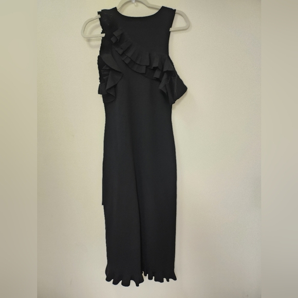 ALC Kellam Black Ribbed Cold Shoulder Ruffle Trim Stretch Knit Midi Dress Large - Picture 6 of 16